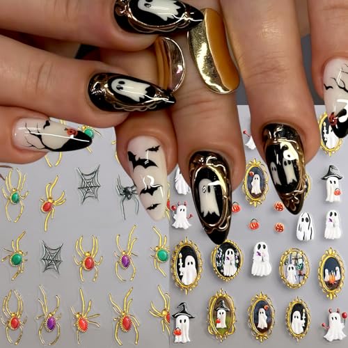 5D Halloween Nail Stickers Spider Ghost Nail Art Stickers Self-Adhesive 5D Engraved Retro Picture Frame Ghost Nail Decals Pegatinas Uñas Jelly Spider Nail Supplies for Women Nails Decorations 2Pcs - style: relief spider