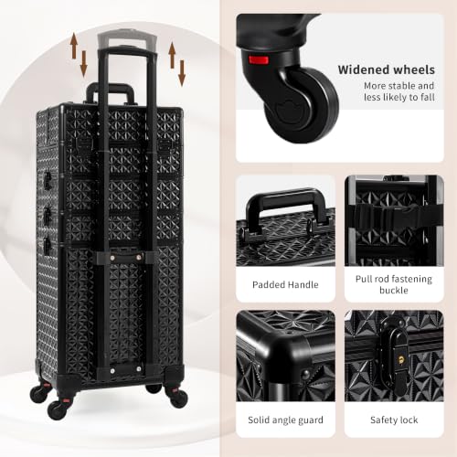 AROUS 5 in 1 Rolling Makeup Train Case with Lid Cosmetology Case on Wheels - color: Black