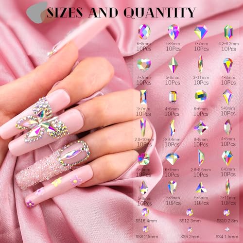 2750Pcs AB Glass Nail Rhinestones 240Pcs Multi Shapes Flatback Nail Gems + 2510Pcs 1.5-4mm Round Crystal, Manicure Nail Charms Diamond Gemstones for Acrylic Nails Decoration - color: 12 AB Crystal, size: 3 pack