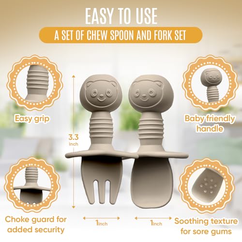 HippoBaby 4pc Silicone Baby Spoons Self Feeding Baby Utensils 6-12 Months - 3 Baby Spoon - 1 Baby Fork - Toddler Cutlery Set - BPA Free, Dishwasher Safe - Baby Eating Essentials (Gray/Beige) - color: Cloud/Khaki
