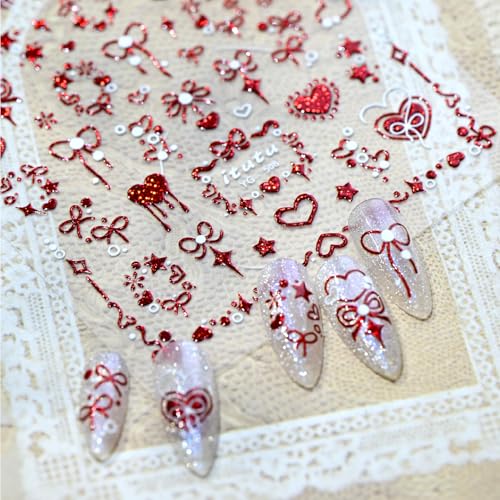 1 Sheet Valentines Nail Stickers for Nail Art Red Heart Nail Stickers 5D Self-Adhesive Embossed Bow Hearts Nail Decals Valentines Day Nail Decorations Star Bow Nail Design Nail Supplies for Women - style: red bow