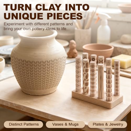 Amrules 10 Pcs Wooden Texture Rollers for Polymer Clay Pottery,Light Yellow - color: Lightyellow-Roller-10Pcs