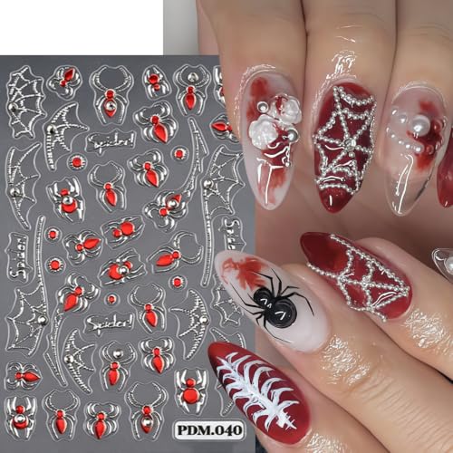 4Sheets Spider Nail Stickers Halloween Nail Decals 3D Self-Adhesive Spider Web Nail Art Stickers with Shiny White Rhinestones Design Goth Halloween Holiday Nails Supply for Women Manicure DIY - color: Halloween09