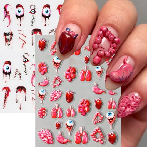 2 Sheets Halloween Horror Nail Art Stickers 5D Embossed Blood Eyes Wounds Pattern Nail Stickers Gothic Horror Day of Death Design Nail Sticker for Women Holiday DIY Manicure Decoration - style: Holiday