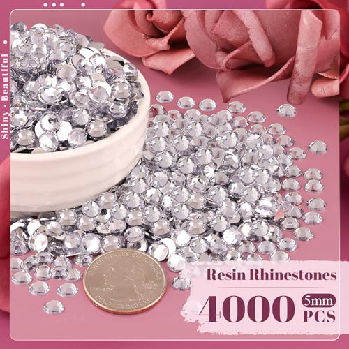 4000PCS 5mm Resin Rhinestones Bulk for Crafting (Clear), Flatback Bedazzling Crystals for Crafts DIY Nail Decoration, Gems Charms for Tumbler Shoes Clothing Fabric with Pickup Pen and Tweezers - color: B01 Resin Rhinestones (Clear), size: 5mm