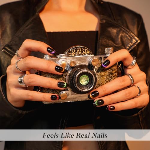 SHANGMENG Halloween Press on Nails, Short Almond Black Cat Eye Fake Nails - color: Aurora Muse