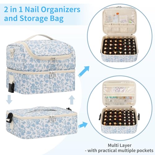 CUBETASTIC Nail Polish Organizer, Nail Supplies Storage Case Holds 86 Bottles Nail Polish & Nail Lamp, Travel Nail Tech Carrying Bag, Nail Kit Bag For Nail Stuff & Manicure Tools - color: Blue Floral, size: 86 Slots