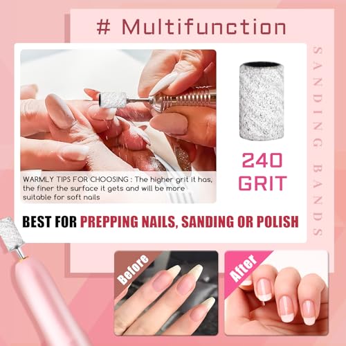 200Pcs Nails Sanding Band, 240 Grit Zebra Sanding Band Fine Grit Sanding Bands with 3/32” Nail Sanding Bit for Natural, Gel Nail, Sand Band 240Grit Set Great for Manicure & Pedicure - size: 240-W