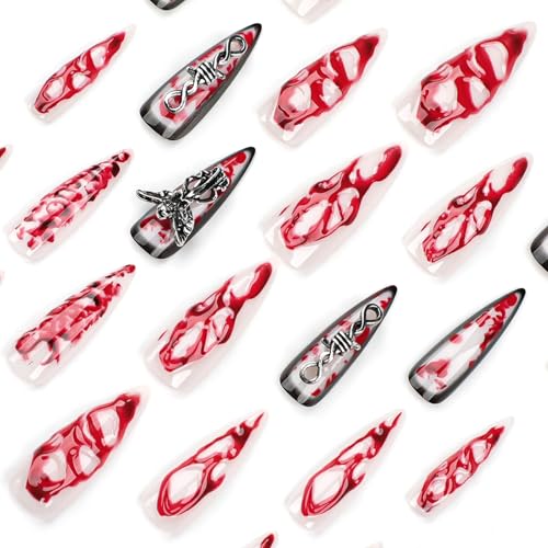 MISUD Press on Nails - Long Stiletto Glue on Nails with Goth Red, Acrylic Gothic Charms Vampire Design 24 pcs - color: 06108Red