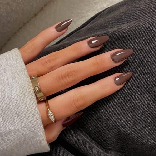 Brown Almond Shaped Nails, Medium Length, 24pcs Press On False Nails, Reusable, No UV Light Needed - color: glossy brown
