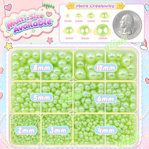 qiipii 2mm-10mm Light Green Flatback Half Round Pearls Gems Nail Charms Kit - color: Light Green, size: Solid Color Half Pearls
