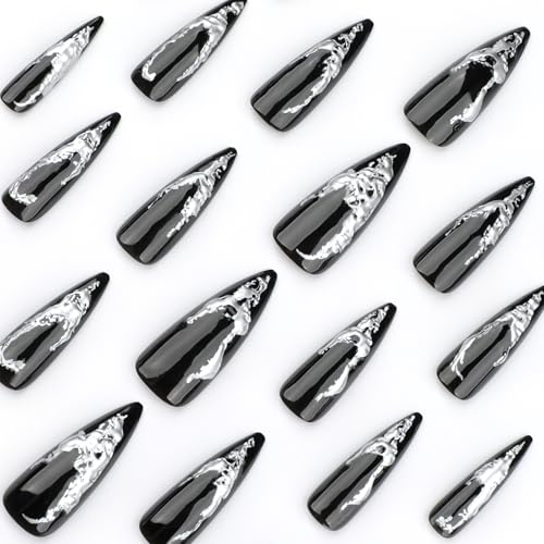MISUD Press on Nails - Long Stiletto Glue on Nails with Goth Black, Acrylic 3D Silver Chrome Design 24 pcs - color: 02305-14Black