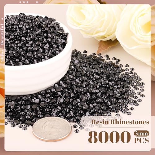 8000PCS 3mm Resin Black Rhinestones Bulk for Crafting, Flatback Bedazzling Crystals for Crafts DIY Nail Decoration, Gems for Tumbler Shoes Clothing Fabric with Pickup Pen and Tweezers - color: B04 Resin Rhinestones (Black), size: 3mm