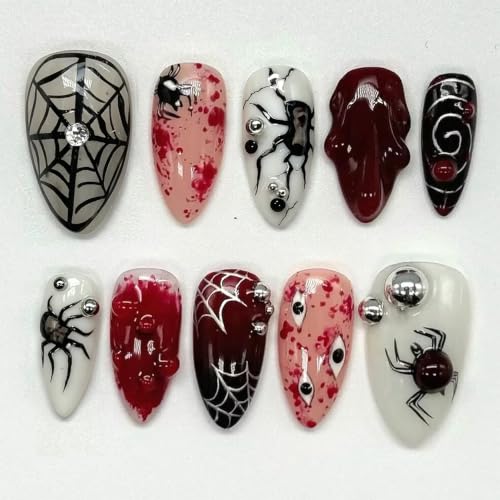 Halloween Press on Nails Medium Almond Spider Web Gothic Fake Nails - color: Halloween Press on Nails 03