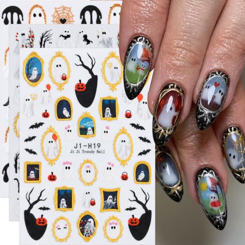 Halloween Nail Art Stickers Cute Ghost Black Cat Gold Nail Decals, 6 Sheets - color: Multicolor-05