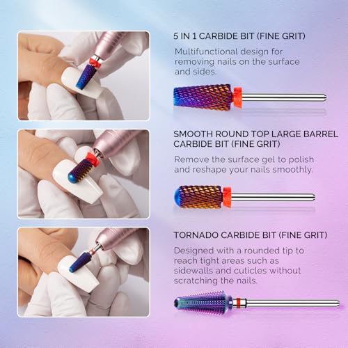 MelodySusie 3Pcs Nail Drill Bits Set, 3/32'' Carbide Tungsten Bits, 5 in 1, Smooth Round Top Large Barrel and Tornado Bits, Suitable for Manicure Pedicure Cuticle Gel Acrylic Remover, Purple - size: A Set