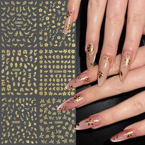 12 Sheets Gold & Silver Nail Stickers, Flower & Leaves 3D Nail Decals - color: Style-28