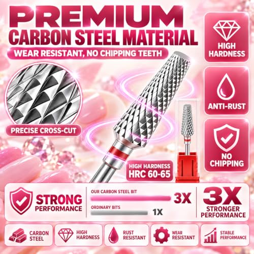 Tungsten Carbide Nail Drill Bit, 3/32" Shank Professional Tapered Nail File Bit for Acrylic Nails, Gel Polish Remover, Cuticle Clean, Manicure Pedicure Tool (Fine - F)
