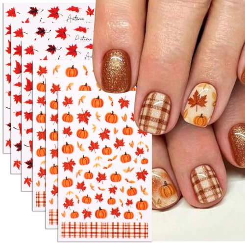 6 Sheets Fall Maple Leaf Nail Art Stickers Thanksgiving Pumpkin Nail Decals - color: Fall Maple Leaf 17