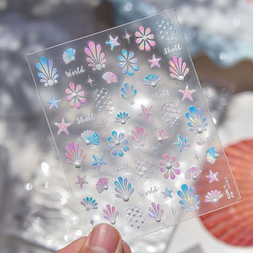 Colorful 5D Embossed Nail Stickers Shell Starfish Pearl - color: Shell Starfish