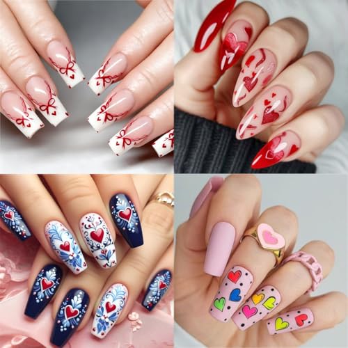 4 Sheets Valentines Nail Stickers 3D Self-Adhesive Red Hearts Nail Art Stickers with Colorful Love Hearts Bow Designs Retro Graffiti Double Heart Nail Decals Holiday Nail Art Supplies for Women DIY - style: Bow Nail Stickers-12