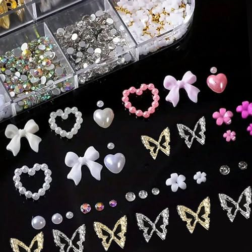 3D Nail Art Charms Metal Butterfly Nail Charms Heart Pearl Bow Flower Flatback Rhinestones Cute Nail Art Charms for Women Manicure Supplies Decorations DIY Accessories 1Box - color: Rhinestone 10