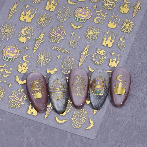 Halloween Nail Art Sticker Sword Castle Nail Sticker 6Pcs Gold Gothic 3D Self-Adhesive Pumpkin Spider Web Dragon Nails Decals Pumpkin Castle Nail Supplies Accessories for Halloween Manicure Decoration - color: Sword Castle