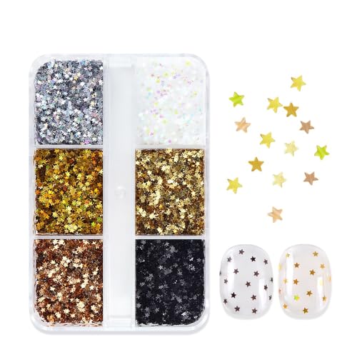 1 Box 6 Color Holographic Tiny Star Nail Glitter Laser Gold Nail Sequins 3D Laser Silver Nail Flakes Sparkly Glitter Flakes Shiny Nail Glitter Champagne Nail Sequins Glitter for Nails Art 6 Grids - color: YHN02