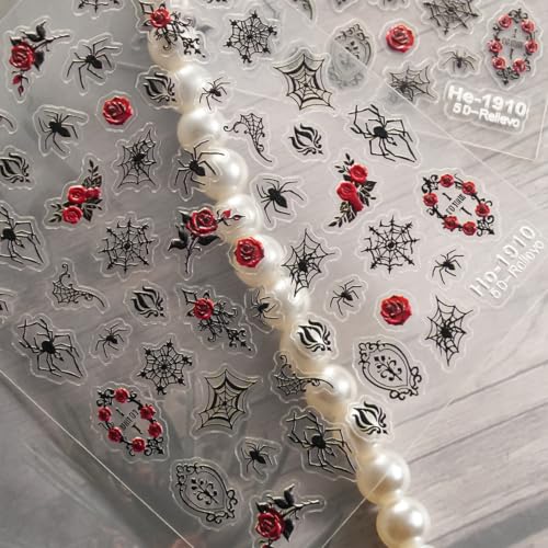 5D Embossed Halloween Nail Stickers Ghost Spider Rose Skull Nail Decals - color: Multicolor1