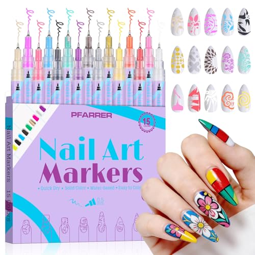 PFARRER 15 Colors Nail Art Pens Set, 0.5mm Fine Tip, Quick Dry - size: 15-piece set