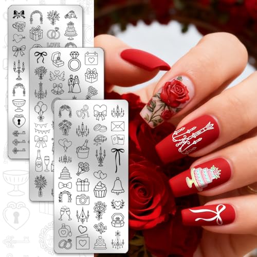 PH PandaHall 3pcs Wedding Nail Stamping Plates Valentine Nail Art Plates Balloon Celebration Bouquets Cakes Nails Image Plates Hearts Bows Stencils for Women DIY Ceremony Party Manicures Salon Design - style: Wedding