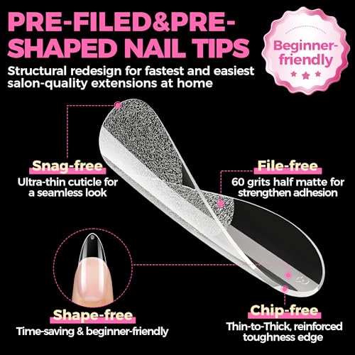 UNA GELLA Almond Gel Nail Tips 504PCS Pre-Etched Clear Fake Nails Tips