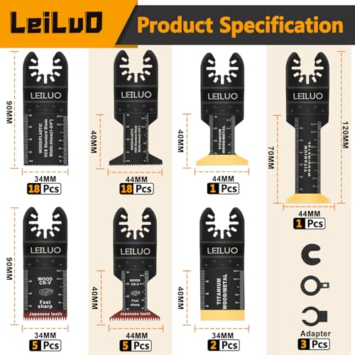LEILUO 50Pcs Titanium Oscillating Tool Blades, Multitool Saw Blade Set Bag