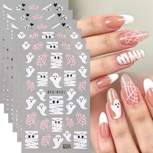 Halloween Nail Art Sticker Ghost Spider Web Nail Sticker 6Pcs French 3D Self-Adhesive Pink Heart Spider Web Mummy Nails Decal Cute Ghost Nail Supplies Accessories for Halloween Manicure Decoration - color: Pink Spider Web Ghost