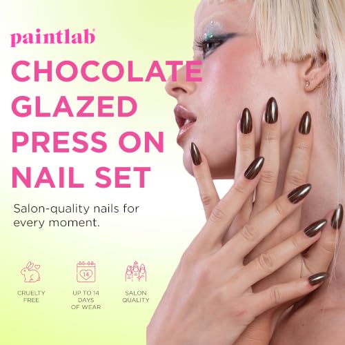 PaintLab Chrome Chocolate Brown Press On Nails, Medium Almond 30pc Nail Kit - color: Chocolate Glaze
