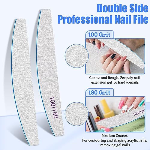 Poly Nail Extension Gel Files 100/180 Grit - 12 PCS Emery Boards for Acrylic Nails - Double-Sided Washable Coarse File Manicure Tools for Home and Salon Use - size: 100/180 Grit False Nails/Nails Edge