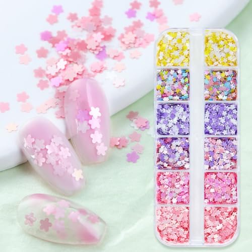 1 Box 6 Color Holographic Flower Nail Glitter Floral Nail Sequins 3D Pink Purple Nail Flakes Sparkly Glitter Flakes Shiny Nail Glitter Spring Summer Nail Sequins Glitter for Nails Art 12 Grids - color: YHN19