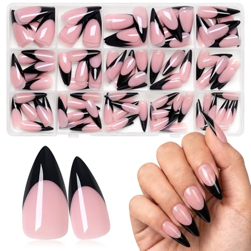 Black French Tip Press on Nails,Long Stiletto Nails,Berry Pink - color: Black French Tips in Berry Pink Base