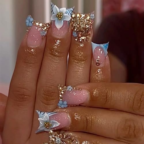 Medium Short Coffin Press On Nails, Blue 3D Flower, 24 Pcs - color: 105-Blush Blue Champagne