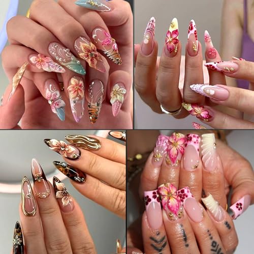 Nail Art Charms - 3D Flower Charms & Manicure Beads, Color Bow, Half Round Pearls, Flatback Rhinestones, Butterfly Nail Art Charms, with Kit, for Nail Art Supplies DIY Accessories
