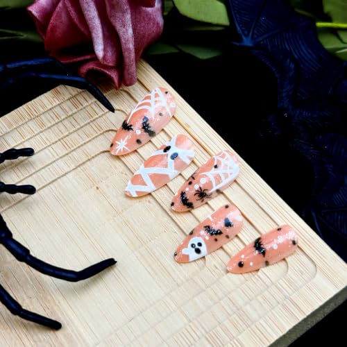 Halloween Press on Nails Long Almond Fake Nails Ghost Bat Spider Web Art - color: Halloween Press on Nails 05
