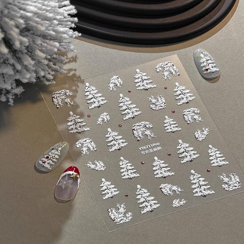 Christmas Nail Stickers for Nail Art Relief Christmas Tree Nail Art Stickers Holiday 5D Embossed White Nail Decals Self-Adhesive Nails Supply Manicure Sliders for Nails Decoration - color: White Christmas Tree