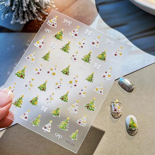 Christmas Nail Stickers for Nail Art Cute Christmas Tree Nail Art Stickers Xmas Winter 5D Embossed Nail Decals 3D Self-Adhesive Nails Supply Manicure Sliders for Nails Decoration - color: Cute Xmas Tree