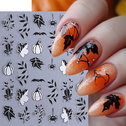 8 Sheets Halloween Pumpkin Nail Stickers 3D Self-Adhesive Spider Web Nail Decals Black Maple Leaf Glitter Pumpkin Nails Design Cute Spider Nail Supplies Manicure Sticker for Women Holiday Decoration - style: spider web