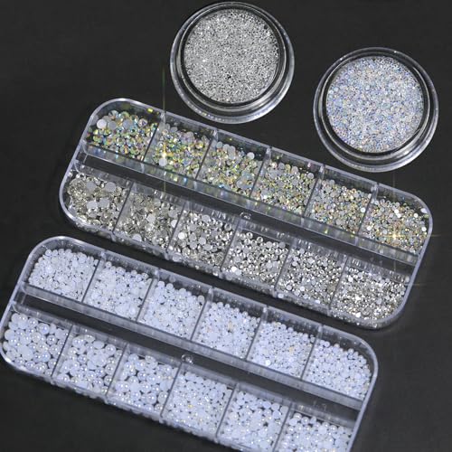 Nail Rhinestones Pearls - Nail Charms for Acrylics, Flatback, Half Rounds, 4 Boxes, Crystals Gems, with Kit, for DIY Nail Art Decor - color: Nail Rhinestones Pearls