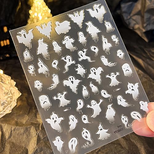 Halloween Nail Stickers for Nail Art Scary Ghost Nail Art Stickers Holiday Cute 5D Embossed White Nail Decals Self-Adhesive Nails Supply Manicure Sliders for Nails Decoration - color: Halloween Style3
