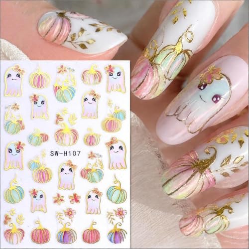 Halloween Pumpkin Nail Art Stickers Gilded Pumpkin Ghost Nail Art Decals 5 Sheets 3D Self-Adhesive Glitter Pumpkins Stickers Colorful Ghost Flower Nail Design for Women Thanksgiving Nail Supplies - color: Halloween Style13