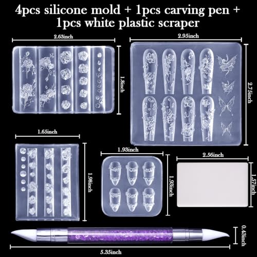Laza 4pcs 3D Flower Mold for Nails, Multiple Rose Shapes Nail Molds - color: Blooming Rose Ripple