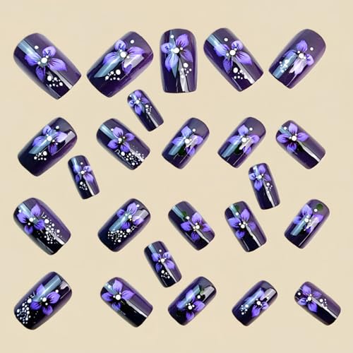 24pcs Purple Press on Nails Medium Length Square Fake Nails Spring Stick on Nail with Floral designs Acrylic False Nails Full Cover Reusable Summer Glue on Nails for Women Finger Manicure - color: s25