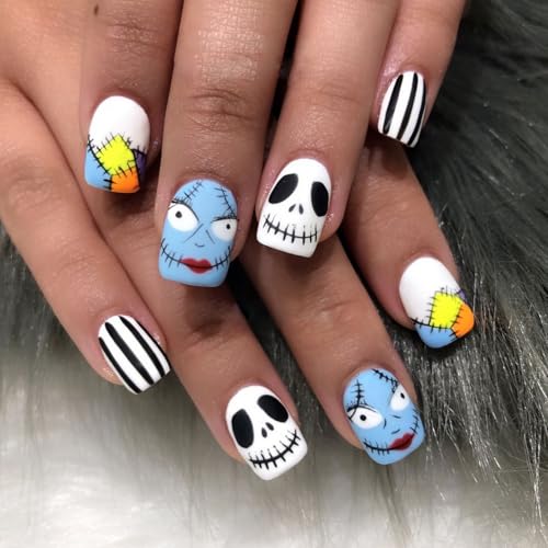 Halloween Press on Nails Short Square Fake Nails Skull False Nails Designs Blue White Glossy Acrylic Nail Tips Stripe Full Cover Glue on Nails DIY Halloween Nails for Woman Nail Art Manicure 24 Pcs - color: Style 14